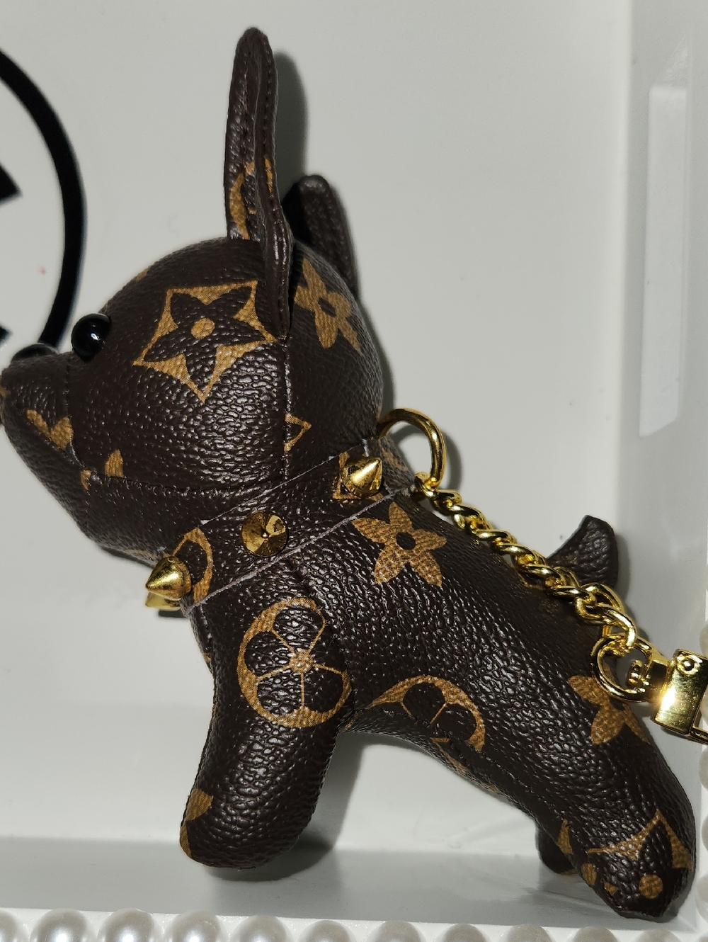 Brown Monogram Dog Keychain with Gold Hardware